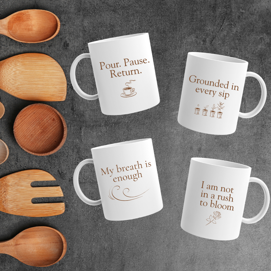 Affirmation Mug Set of 4. Pour. Sip. Soften. Save. ✨